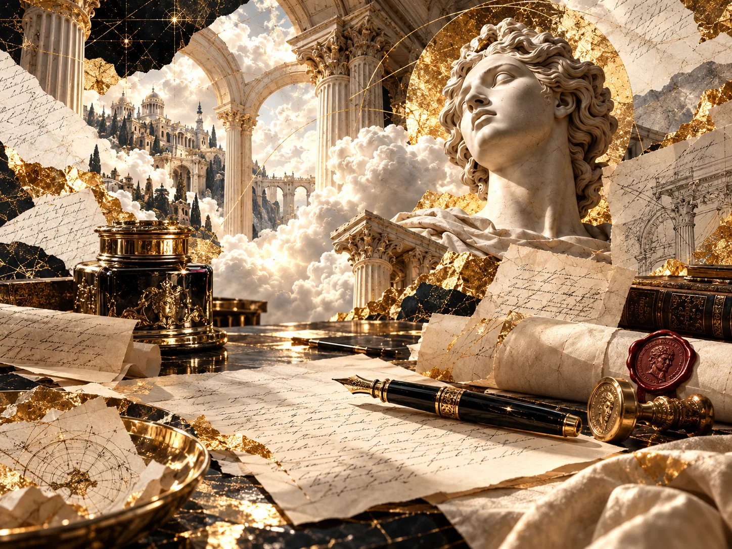 Writing desk with manuscripts and editing tools